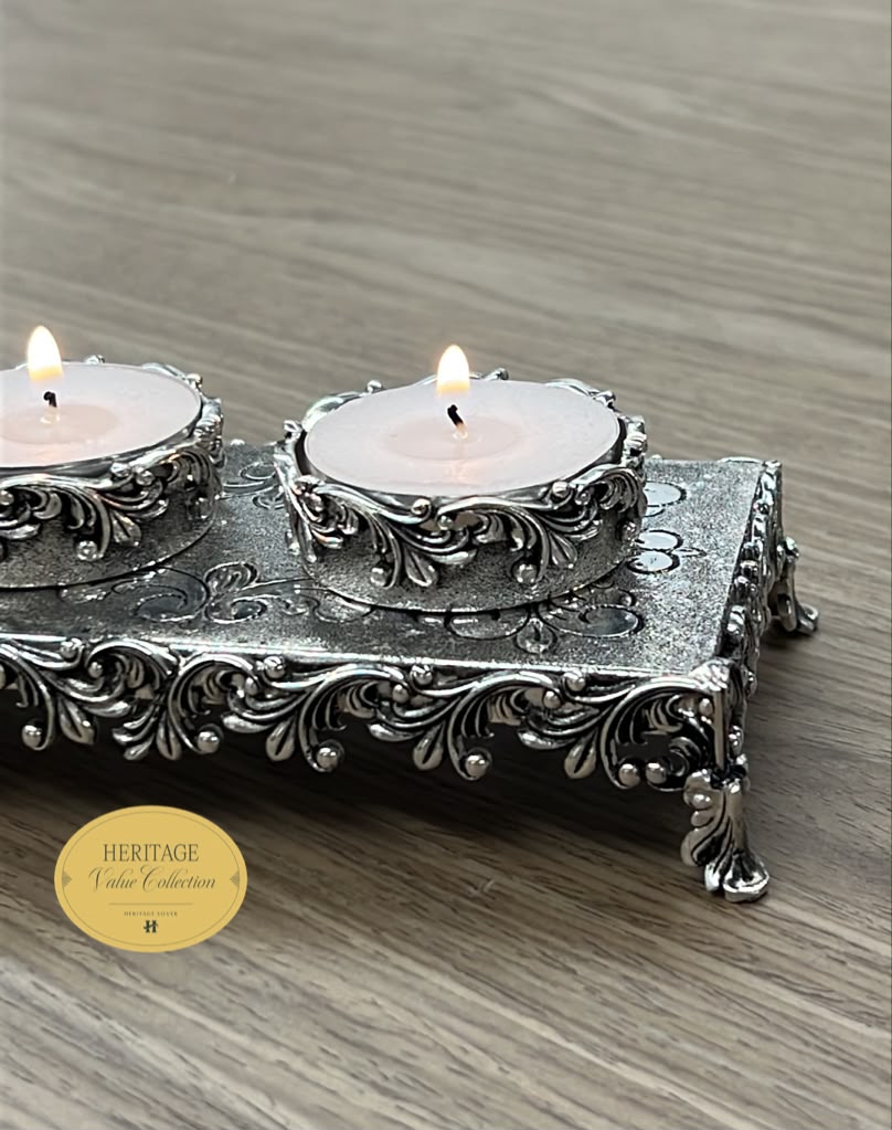 CHASED DOUBLE TEA LIGHT HOLDER ON BASE